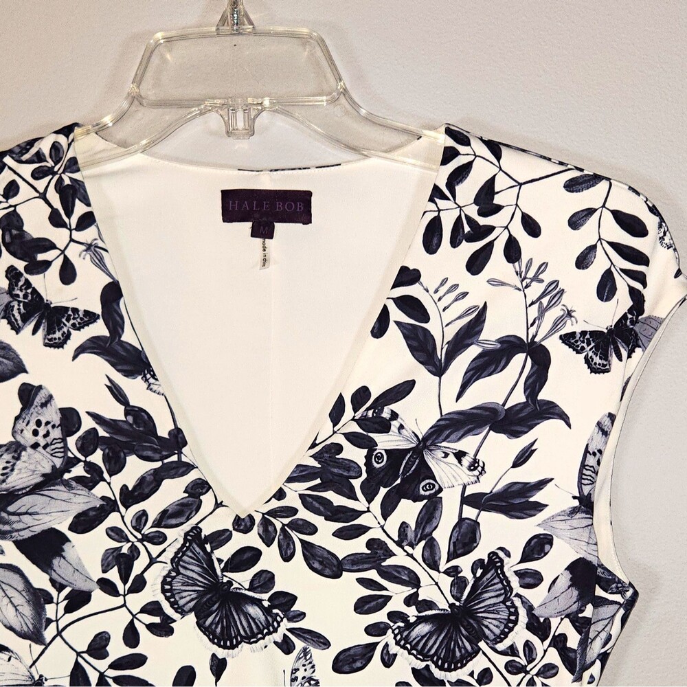 Hale Bob Sheath Dress M White Black Butterfly Floral Print Faux Wrap Dress